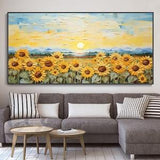 Large Sunflower Flower Field Art Impressionist Sunrise Landscape Canvas Oil Painting Custom Yellow Sunflower Textured Wall Art Birthday Gift