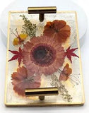Hand Crafted Pressed Dried Flower Resin Handled Tray Gold Trim