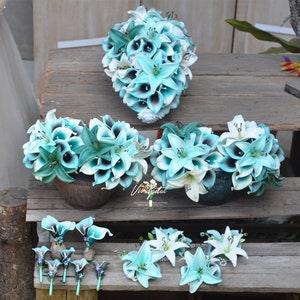 Turquoise teal Calla Lily bouquet/turquoise tiger lily bouquet/teal lily bouquet/cascading Bridal Bouquet/ BridesmaidBouquet/mother corsage