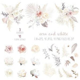 Ecru, white, blush pink rose, pale ranunculus, peony, magnolia, hydrangea, pampas grass, dried palm vector design big set. Beige, gold
