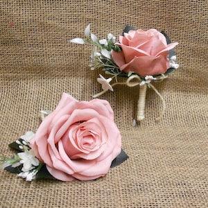 2 Piece Bridal Wedding Set Prom Wrist Corsage & Pin Boutonniere Gold Rose Dusty Rose Pink Bracelet Wristlet Artificial Flowers New