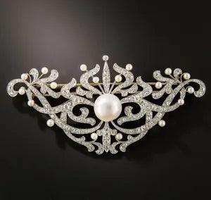2Ct Round Cut Moissanite & Pearl Lily flower Brooch Pin 14K Two Tone Gold Plated