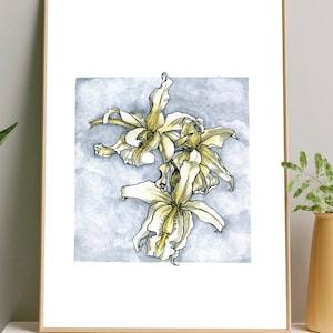 Original Watercolor Yellow ORCHID Illustration and Ink Drawing Original Fine Point Drawing Flowers Botanical Illustration Engraving