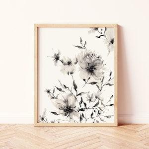 Boho Wall Decor | Watercolor Organic Floral Neutral Black & White | Peony Wedding Bouquet Physical Print | Bohemian Living Room Cosy Bedroom