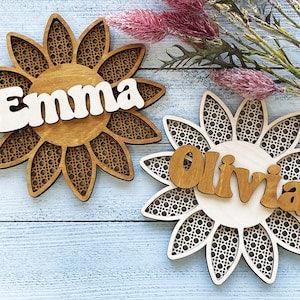 Personalized rattan name sign, Boho sunflower, Wooden nursery sign, Farmhouse decor, Custom Wall or Door Sign, Baby shower gift