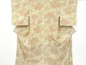 6906742: JAPANESE KIMONO / ANTIQUE KIMONO / OSHIMA TSUMUGI / PEONY & FLOWER