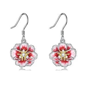 YFN Peony Flower Earrings Sterling Silver Pink Enamel Flower Dangle Drop Earr...