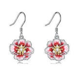 YFN Peony Flower Earrings Sterling Silver Pink Enamel Flower Dangle Drop Earr...
