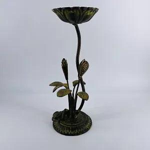 Candle Stick Holder Water Lily Pad Brass Metal Patina Flower Frog Leaves Barn