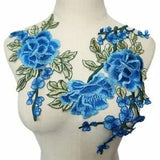 2PCS Blue Peony Flowers Leaves Sew Patches Embroidery Fabric Appliques Trimmings