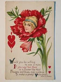 C1919 Vintage Valentine??s Day Postcard, Carnations Hearts Flowers