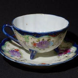 Vintage translucent footed Teacup and Saucer Set 3 legs fine bone china floral bouquet rose ornamented hand painted cobalt blue rim