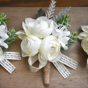 Rustic Groom/Mens Wedding Ivory Peony Flower Buttonhole Boutonniere Corsage