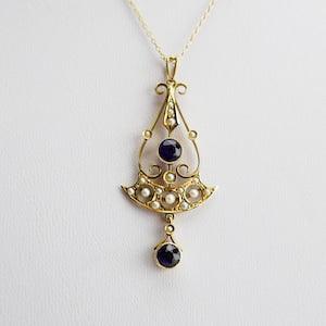 Antique 14K Yellow Gold victorian Amethyst and seed pearl Necklace Dangling Pendant Flowers Lavalier