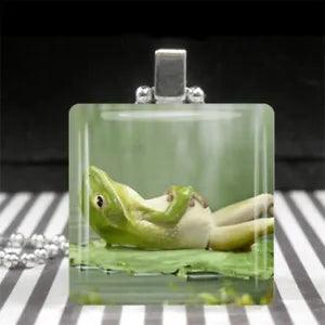 Frog Necklace Relaxing on a Lily Pad Silver Glass Pendant Cottagecore Jewelry