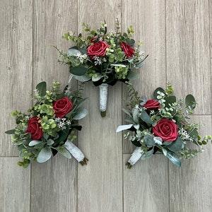 Boho bridesmaids wine rose greenery bridal bouquet eucalyptus wedding bouquet, dark red rosesLambs ear sage bridesmaid flowers
