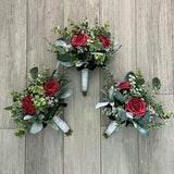 Boho bridesmaids wine rose greenery bridal bouquet eucalyptus wedding bouquet, dark red rosesLambs ear sage bridesmaid flowers