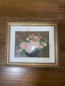 Vintage Wall Art Dried Pressed Flowers - Metal Framed And Signed - 12in x 13in