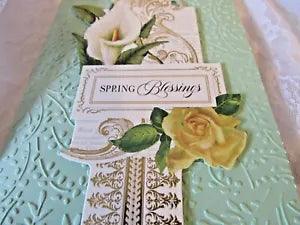 .Spring Blessings card, mint green, embossed, 3D, gold foil trims, white lilies