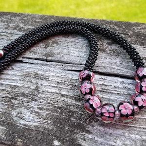 Black and Pink Lamp Work Glass Bead Necklace, Black and Pink Kumihimo Necklace, Hand Made Artisan Kumihimo Necklace