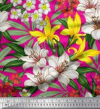 Soimoi Pink Cotton Poplin Fabric Leaves & Lily Floral Print Fabric-Prp