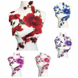 2PCS Flowers Trims Fabric Red Blue Peony Wedding Appliques Embroidered Trimmings