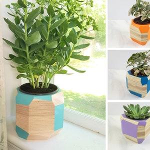 Colorful Geometric Planter, 6inch Pot, Indoor Wooden Succulent Pot, Natural Office Plant Decor, Plant Lover Gift, Fun Student Room Decor