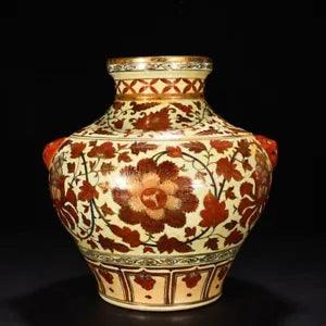 14.3" china antique yuan dynasty porcelain gilt peony flower tiger head pot jar