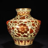 14.3" china antique yuan dynasty porcelain gilt peony flower tiger head pot jar