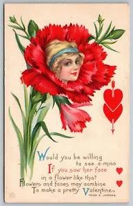 Valentine~Fantasy Face Flower~Blonde Girl~Red Carnation~Jeffers Poem~Stecher