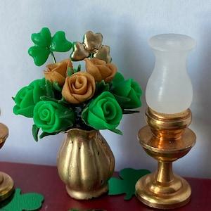 1:12 scale St.Patrick??s Day green gold roses shamrocks miniatures dolls house vase floral bouquet  flowers  table decoration bouquet