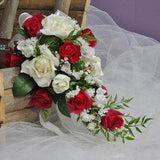 Cascading Bridal Bouquet with American Beauty Red and Off-White Roses: Timeless Floral Elegance