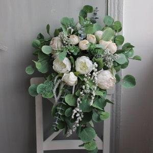 White peony eucalyptus bouquet, Cascading bouquet, Classic bridal bouquet
