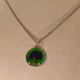 Retro Handmade Venetian Millefiori Green and Blue Heart Tree Glass Pendant and Sterling Silver 18?¡À Wheat Chain