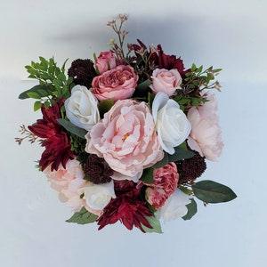Burgundy and Blush Bridal Bouquet, Dahlia and Peony, Cabbage Rose, Mauve Berries, Mixed Eucalyptus, Garden Style Silk Bouquet, Fall Wedding