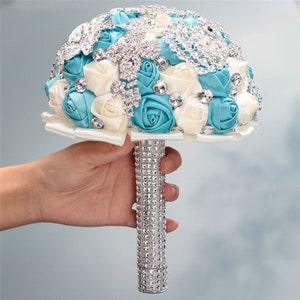 Luxury Brooch bouquet, Romantic Tiffany Colour  Roses bridal Bouquet, Wedding  Bouquet, birthday, anniversary party.