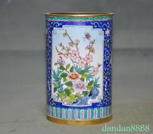 5" Bronze Cloisonne Riches peony Peach blossom Butterfly brush pot pencil vase