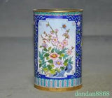 5" Bronze Cloisonne Riches peony Peach blossom Butterfly brush pot pencil vase