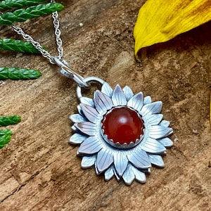 Sunflower Pendant, Sterling Silver Necklace, Carnelian Stone, Handmade Jewellery, Veritas Silver Designs, Spring Gift, Mother's Day
