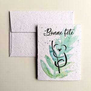 Birthday watercolor leaf with koala on plantable seed paper or watercolor white paper, happy birthday, friendship, koala card