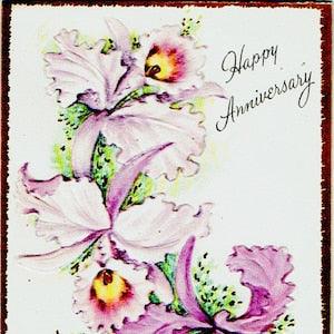 Vintage Greeting Card, Wedding Anniversary, Orchids, 1950's, Embossed, Four Fold