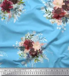 Soimoi Blue Cotton Poplin Fabric Leaves & Peony Floral Print Print-wpN
