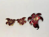 Beautiful Vintage BROOCH Pin & Earrings Cloisonne Enamel Red Orchid Lily Flower