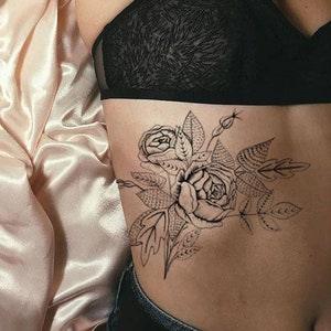 Rose Bouquet Temporary Tattoo. Line work tattoo with detailed roses and leaves. Different sizes available