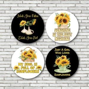 Watercolor Sunflower Magnets Or Pinback Buttons Pin / Set Of 4 / 2.25" Size / Sunflower Decor Decorations For Kitchen / Sunflower Gifts