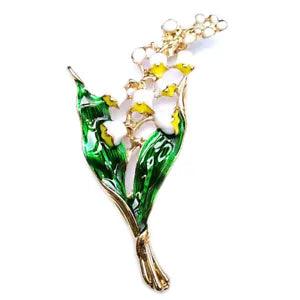 Brooch Lily of The Valley White Flower Gold Stem Green Leaves Elegant Lovely Pin