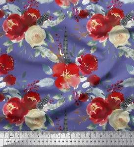 Soimoi Purple Velvet Fabric Leaves & Peony Floral Printed Fabric-M3N