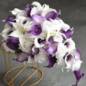 Purple White Bridal Bouquets,Plum Bouquet, Real Touch Calla Lilies, White Roses, White Tiger Lilies Wedding Bouquet