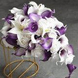 Purple White Bridal Bouquets,Plum Bouquet, Real Touch Calla Lilies, White Roses, White Tiger Lilies Wedding Bouquet