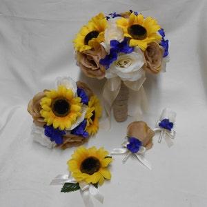 Wedding Silk Flower Bridal Bouquet 18 pieces Package Ivory Cream Roses Yellow Sunflower Navy Blue Bridesmaid Burlap Corsages New